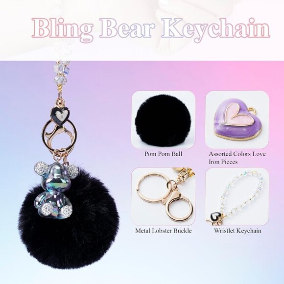 ✨Honyjoom Women Black Cute Bear Pom Pom Sparkling Keychains Accessories Girly - Picture 2 of 7